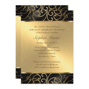 Quinceanera Black and Gold Filigree Swirls