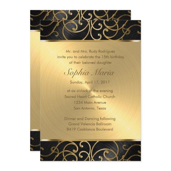 Quinceanera Black and Gold Filigree Swirls