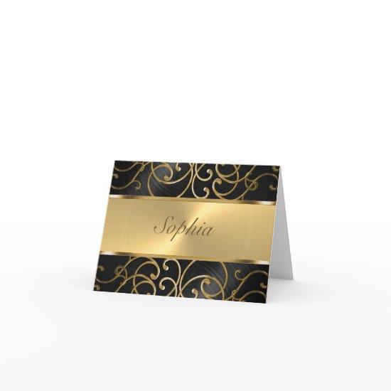 Quinceanera Black and Gold Filigree Swirls Note Card