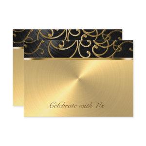 Quinceanera Black and Gold Filigree Swirls RSVP Card