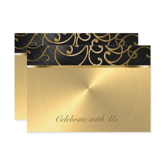 Quinceanera Black and Gold Filigree Swirls RSVP Card