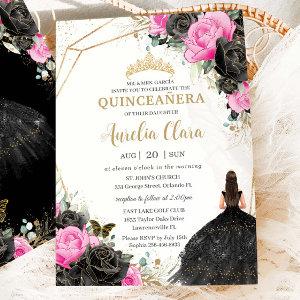 Quinceañera Black Dress Fuchsia Floral Princess