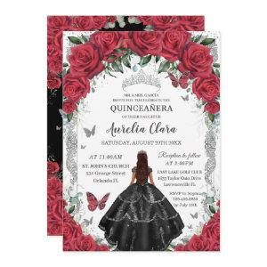 Quinceañera Black Dress Red Roses Floral Silver
