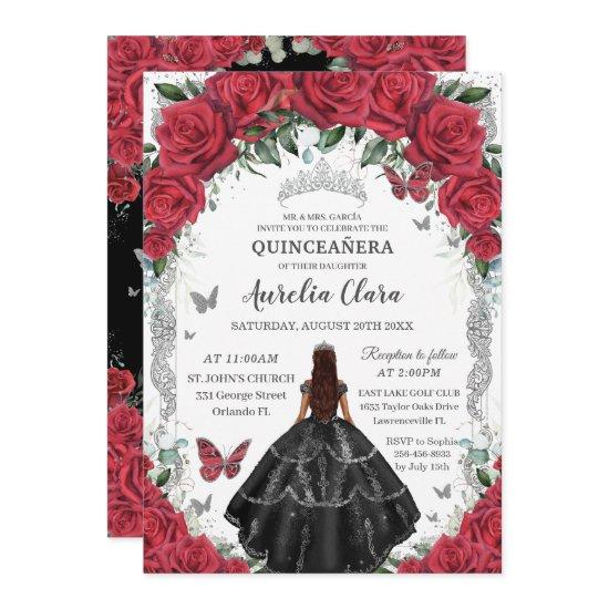 Quinceañera Black Dress Red Roses Floral Silver