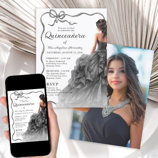Quinceañera Black Dress Scalloped Ribbon Bow Photo