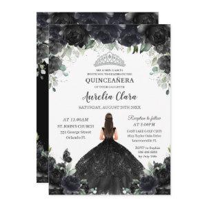 Quinceañera Black Floral Flowers Girl Dress Silver