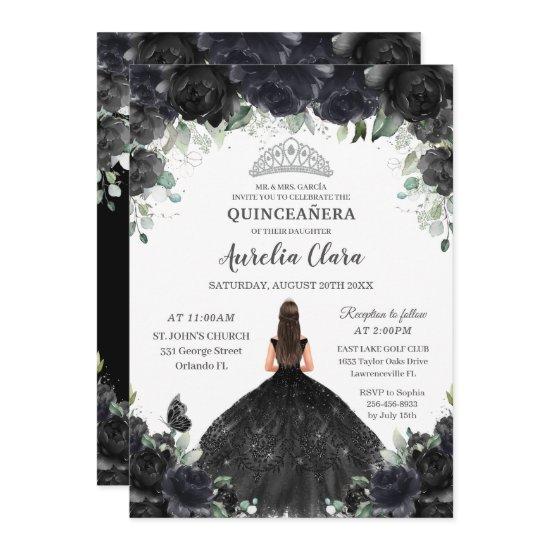 Quinceañera Black Floral Flowers Girl Dress Silver