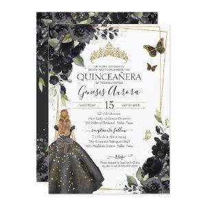 Quinceañera Black Floral Gold Butterfly Dress Invi