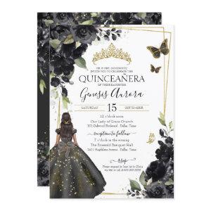 Quinceañera Black Floral Gold Butterfly Dress
