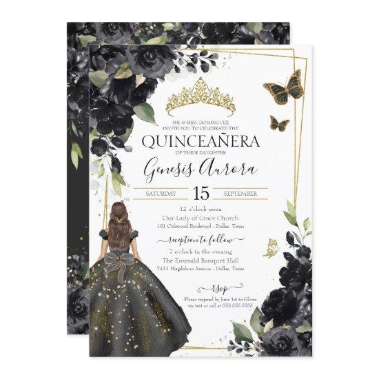 Quinceañera Black Floral Gold Butterfly Dress