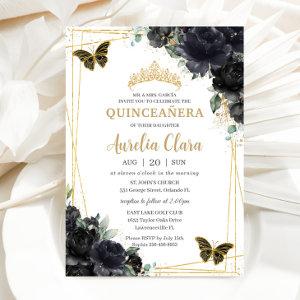 Quinceañera Black Floral Roses Butterflies Gold