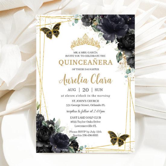 Quinceañera Black Floral Roses Butterflies Gold