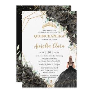 Quinceañera Black Floral Roses Dress Gold Crown  I