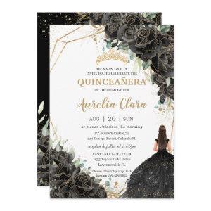 Quinceañera Black Floral Roses Dress Gold Crown