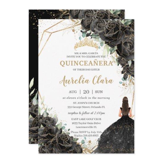 Quinceañera Black Floral Roses Dress Gold Crown