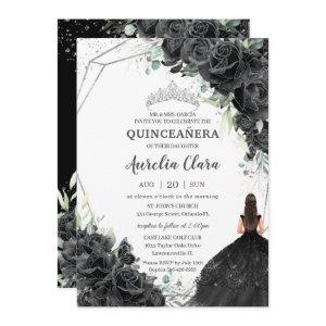 Quinceañera Black Floral Roses Dress Silver Crown