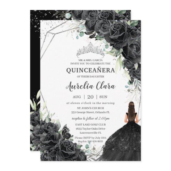 Quinceañera Black Floral Roses Dress Silver Crown