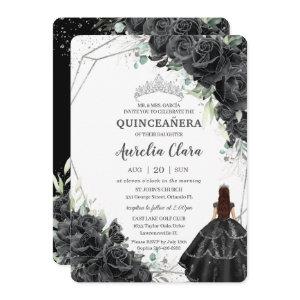 Quinceañera Black Floral Roses Gown Silver Crown
