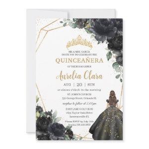 Quinceañera Black Floral Roses Princess Gold Crown