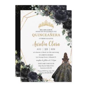 Quinceañera Black Floral Roses Princess Gold Crown
