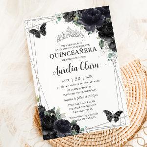 Quinceañera Black Floral Roses Princess Silver