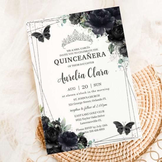 Quinceañera Black Floral Roses Princess Silver