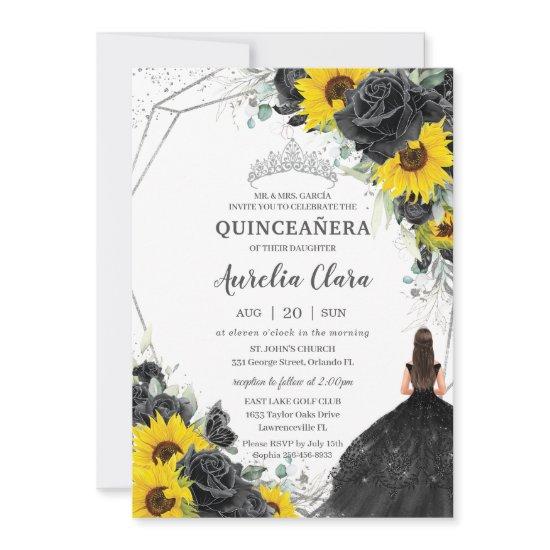 Quinceañera Black Floral Roses Sunflower Silver