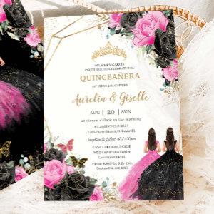 Quinceañera Black Fuchsia Floral Princess Twins