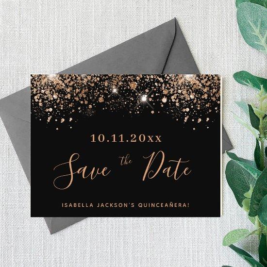 Quinceanera black glitter budget save the date flyer