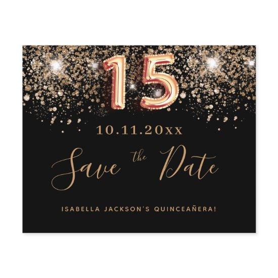 Quinceanera black glitter budget save the date flyer