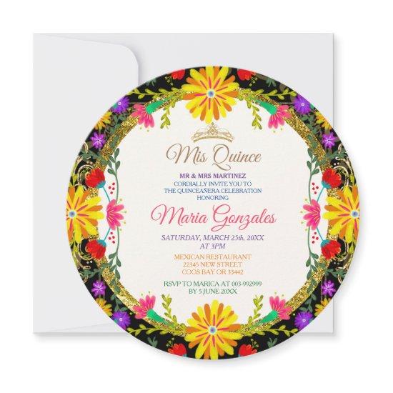Quinceanera Black Gold Colorful Floral Birthday