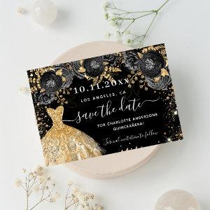Quinceanera black gold dress florals glamorous save the date