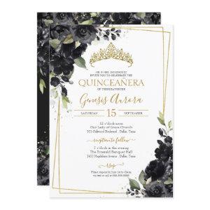 Quinceañera Black & Gold Elegant Watercolor Floral