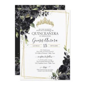 Quinceañera Black & Gold Elegant Watercolor Floral