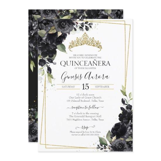 Quinceañera Black & Gold Elegant Watercolor Floral