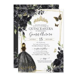Quinceañera Black Gold Flowers Quince Dress