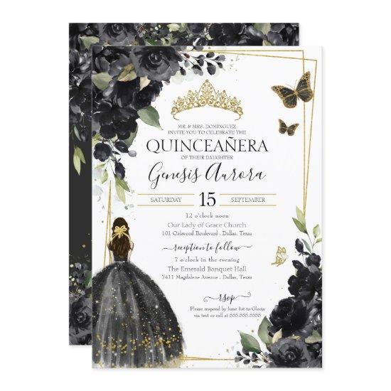 Quinceañera Black Gold Flowers Quince Dress
