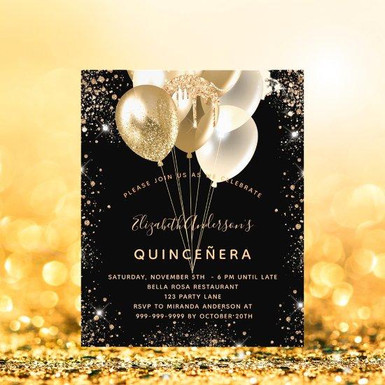Quinceanera black gold glitter balloons