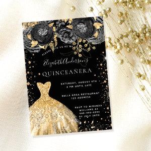 Quinceanera black gold glitter dress florals