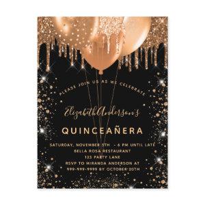 Quinceanera black gold glitter dust balloons 15th  postcard