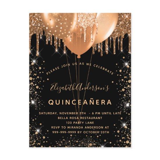 Quinceanera black gold glitter dust balloons 15th  postcard