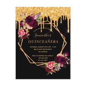 Quinceanera black gold glitter floral  postcard