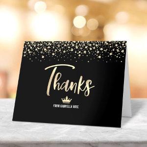 Quinceañera Black Gold Glitter Foil Script Elegant Thank You Card