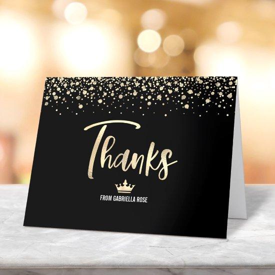 Quinceañera Black Gold Glitter Foil Script Elegant Thank You Card