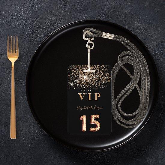 Quinceanera black gold glitter VIP  Badge