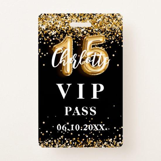 Quinceanera black gold vip party pass badge