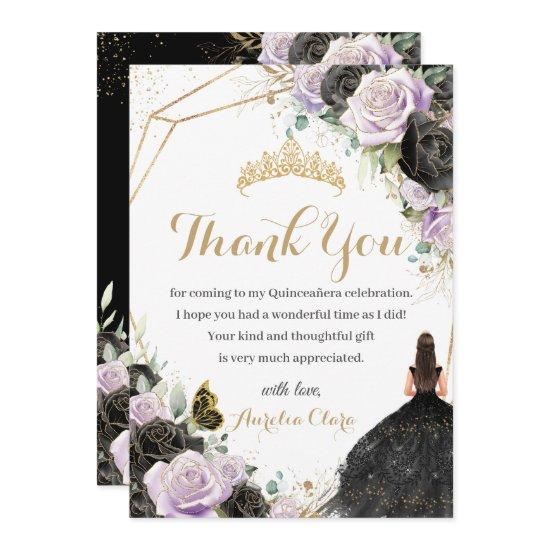 Quinceañera Black Lilac Floral Dress Princess  Thank You Card