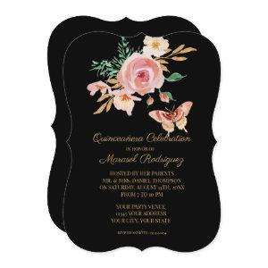 Quinceañera Black n Blush Butterfly w Flowers Gold