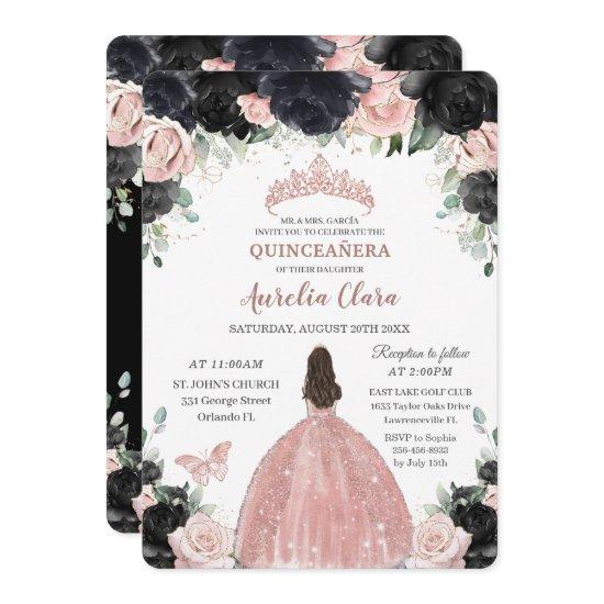 Quinceañera Black Pink Floral Rose Gold Princess