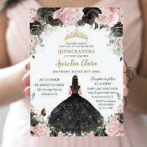Quinceañera Black Pink Roses Floral Princess Dress